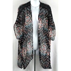 Just Be Sheer Cover Cardigan Top L Blk Geo Lace Dolman Sleeve Open whimsy gothic